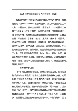 2025年度民主生活会个人对照检查（民政）