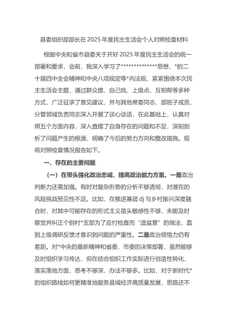 县委组织部部长在2025年度民主生活会个人对照检查材料