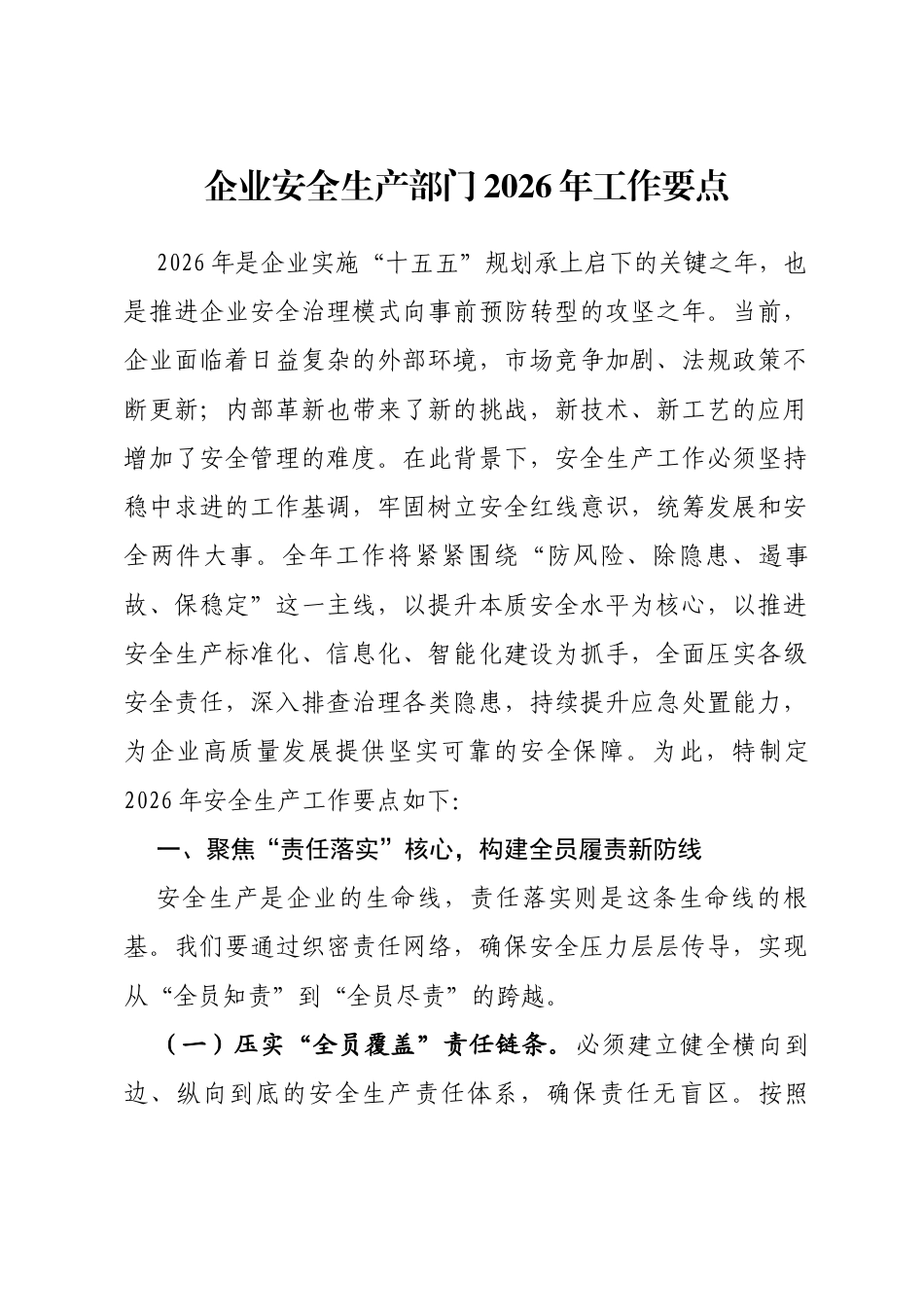 企业安全生产部门2026年工作要点_第1页