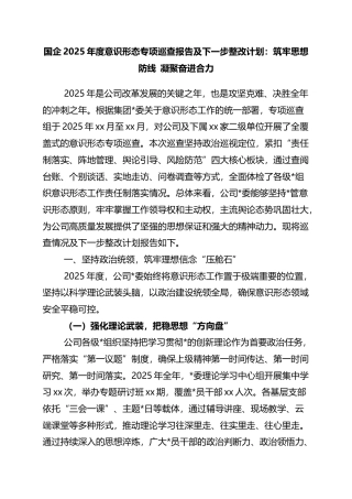 国企2025年度意识形态专项巡查报告及下一步整改计划：筑牢思想防线+凝聚奋进合力