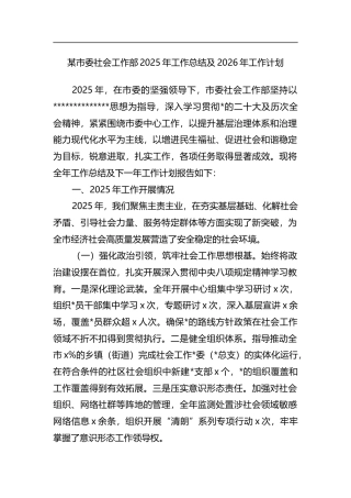市委社会工作部2025年工作总结及2026年工作计划