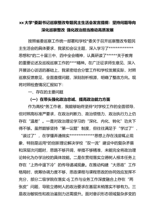 大学副书记巡察整改专题民主生活会发言提纲：坚持问题导向深化巡察整改+强化政治担当推动高质发展