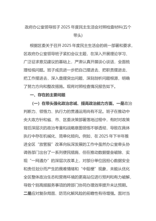 政府办公室领导班子2025年度民主生活会对照检查材料(五个带头)