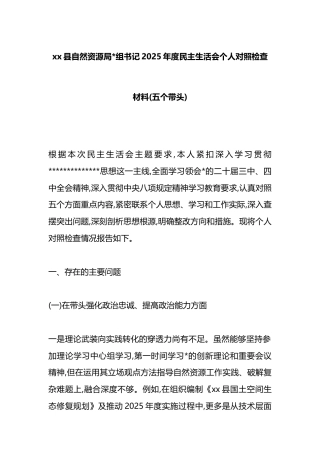 县自然资源局书记2025年度民主生活会个人对照检查材料(五个带头)