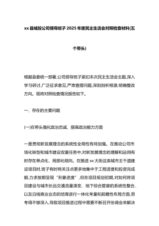 县城投公司领导班子2025年度民主生活会对照检查材料(五个带头)