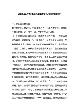 公安系统2025年度民主生活会个人对照检查材料