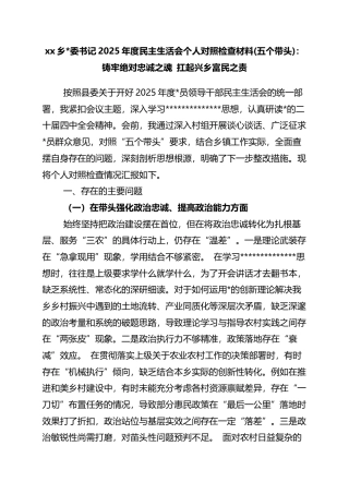 乡书记2025年度民主生活会个人对照检查材料(五个带头)：铸牢绝对忠诚之魂+扛起兴乡富民之责