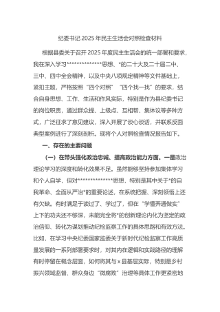 纪委书记2025年民主生活会对照检查材料