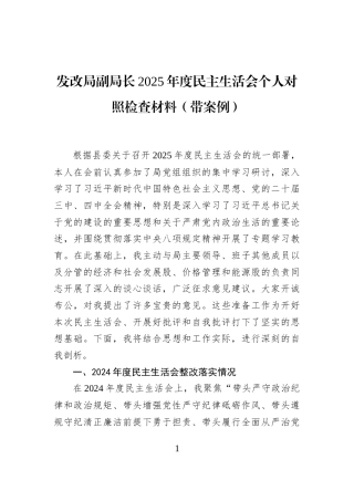发改局副局长2025年度民主生活会个人对照检查材料（带案例）