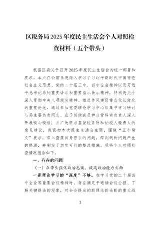 区税务局2025年度民主生活会个人对照检查材料（五个带头）