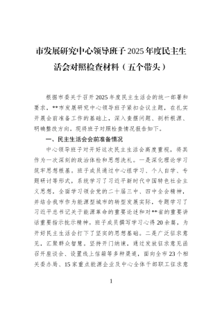 市发展研究中心领导班子2025年度民主生活会对照检查材料（五个带头）