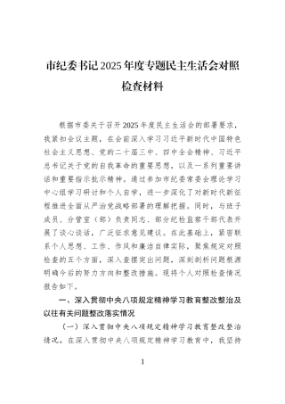 市纪委书记2025年度专题民主生活会对照检查材料