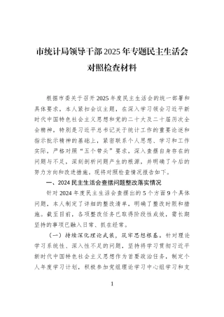市统计局领导干部2025年专题民主生活会对照检查材料