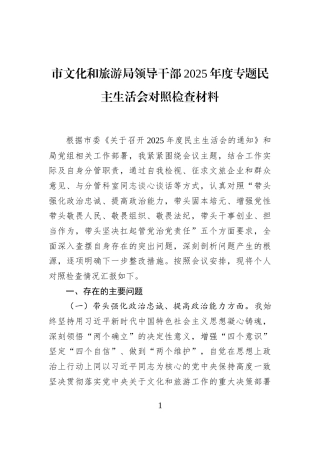 市文化和旅游局领导干部2025年度专题民主生活会对照检查材料