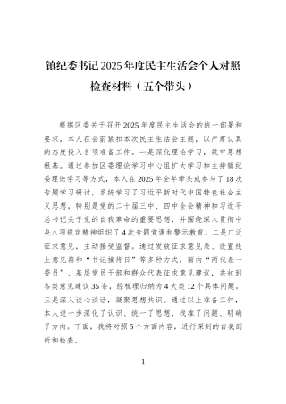 镇纪委书记2025年度民主生活会个人对照检查材料（五个带头）