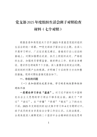 党支部2025年度组织生活会班子对照检查材料（七个对照）