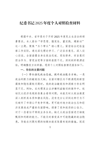 纪委书记2025年度个人对照检查材料