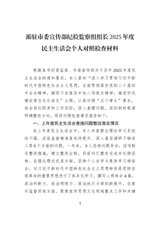 派驻市委宣传部纪检监察组组长2025年度民主生活会个人对照检查材料