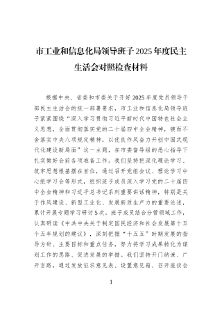 市工业和信息化局领导班子2025年度民主生活会对照检查材料