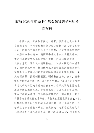 市局2025年度民主生活会领导班子对照检查材料