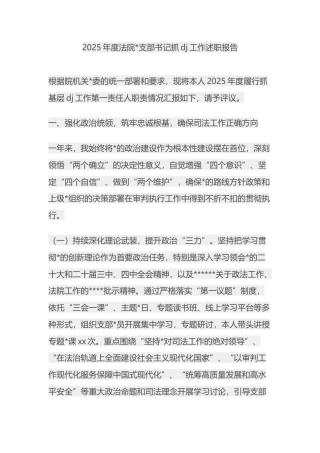 2025年度法院支部书记抓党建工作述职报告