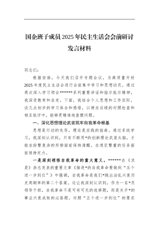 国企班子成员2025年民主生活会会前研讨发言材料