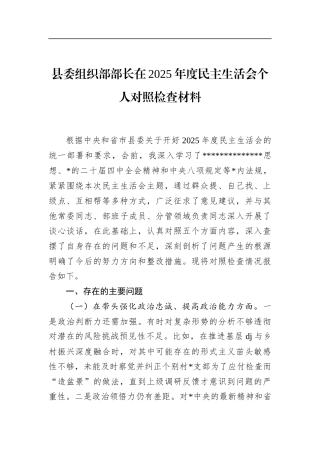 县委组织部部长在2025年度民主生活会个人对照检查材料