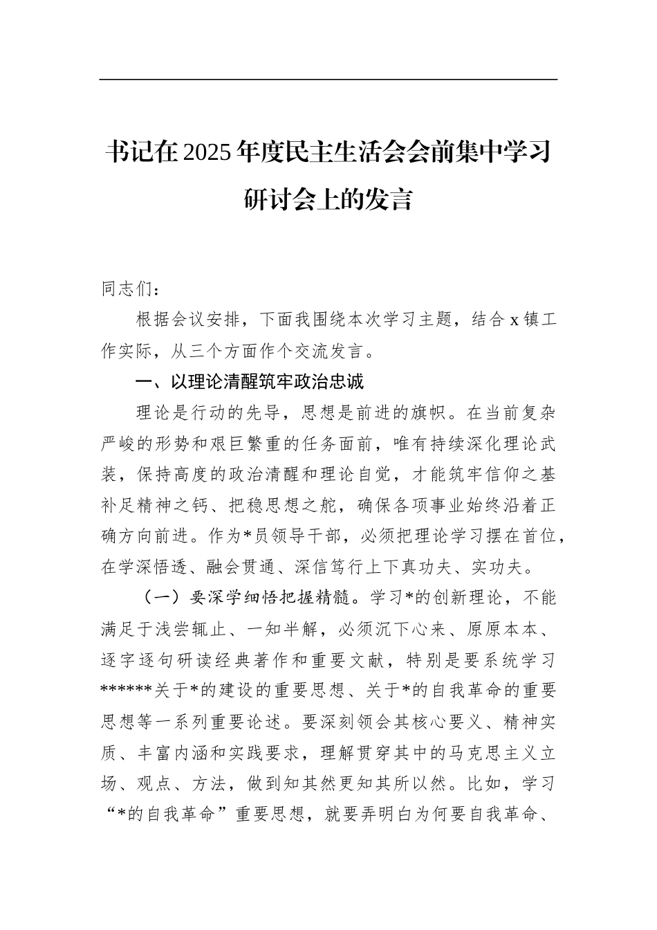 书记在2025年度民主生活会会前集中学习研讨会上的发言_第1页