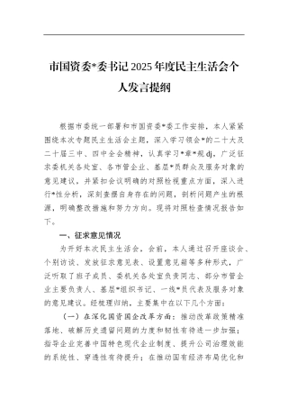 市国资委书记2025年度民主生活会个人发言提纲