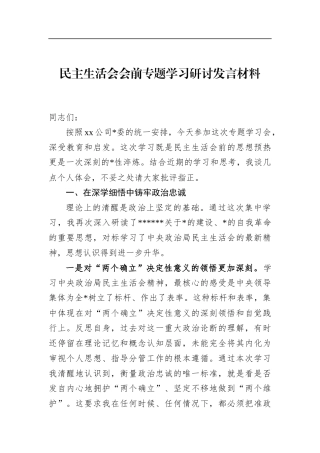 民主生活会会前专题学习研讨发言材料