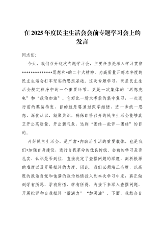 在2025年度民主生活会会前专题学习会上的发言