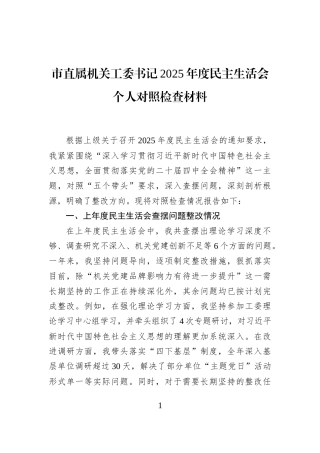 市直属机关工委书记2025年度民主生活会个人对照检查材料