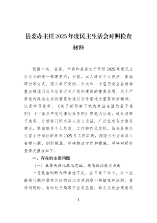 县委办主任2025年度民主生活会对照检查材料