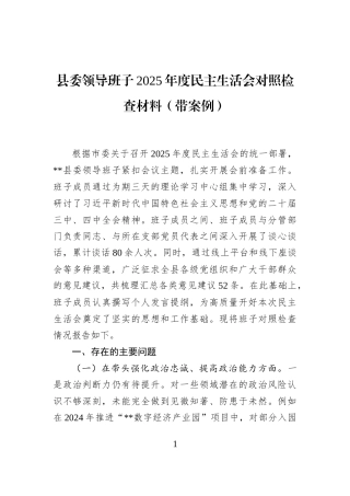 县委领导班子2025年度民主生活会对照检查材料（带案例）