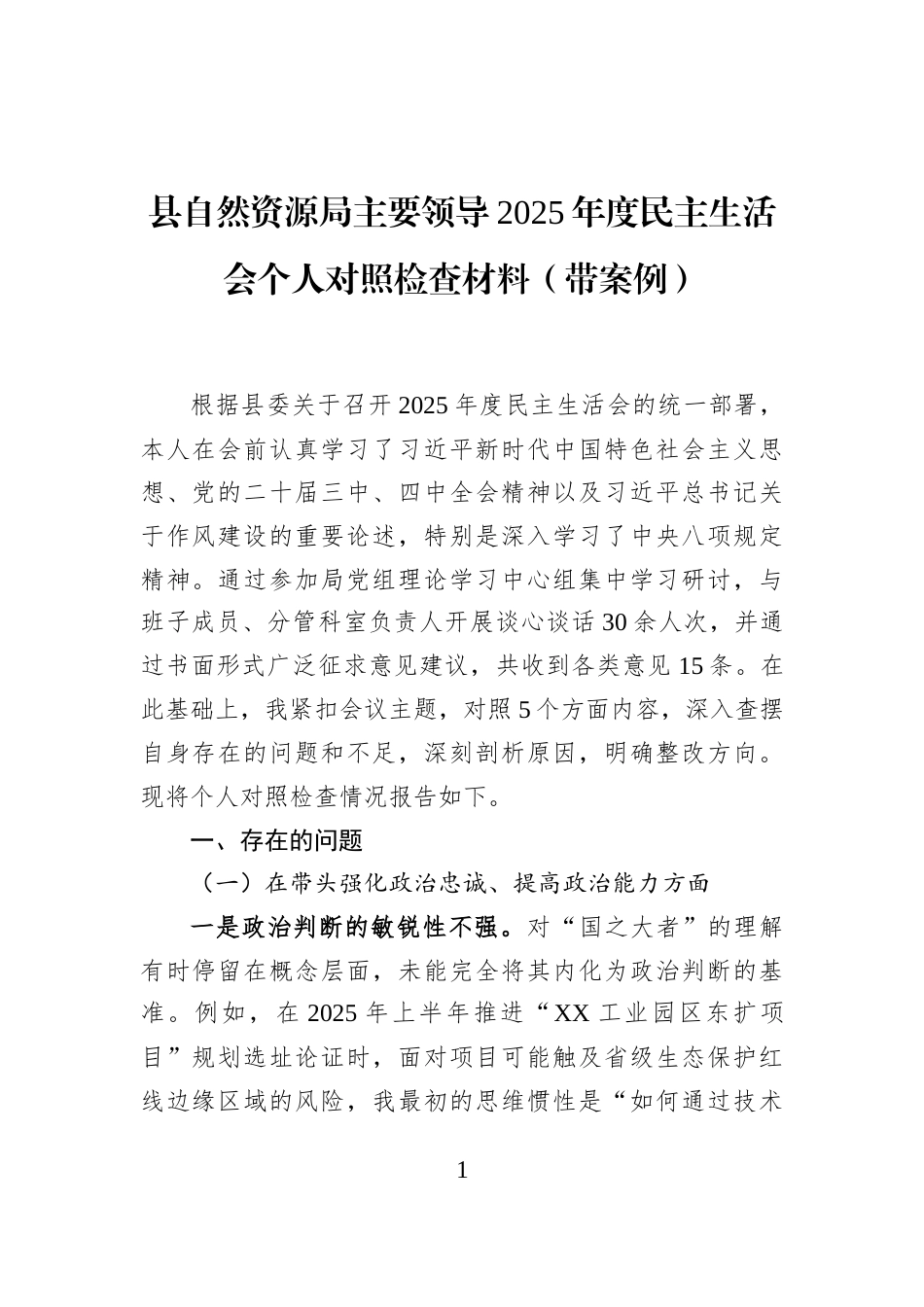 县自然资源局主要领导2025年度民主生活会个人对照检查材料（带案例）_第1页