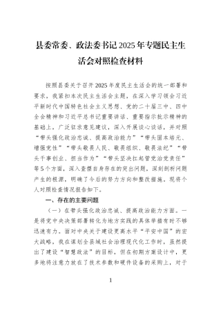 县委常委、政法委书记2025年专题民主生活会对照检查材料