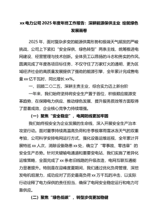 电力公司2025年度年终工作报告：深耕能源保供主业+绘就绿色发展画卷