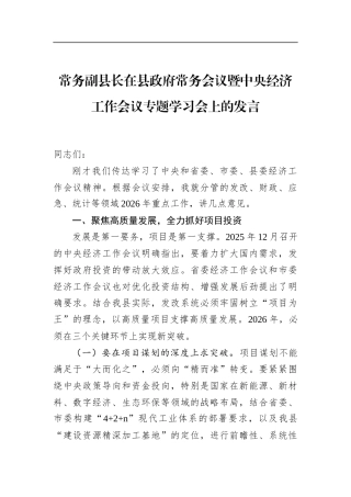 常务副县长在县政府常务会议暨中央经济工作会议专题学习会上的发言