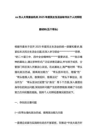 市人大常委会机关2025年度民主生活会秘书长个人对照检查材料(五个带头)