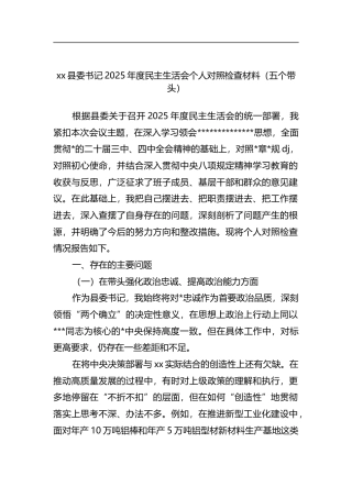 县委书记2025年度民主生活会个人对照检查材料（五个带头）