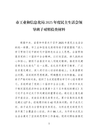 市工业和信息化局2025年度民主生活会领导班子对照检查材料