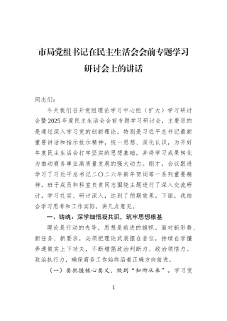 市局党组书记在民主生活会会前专题学习研讨会上的讲话