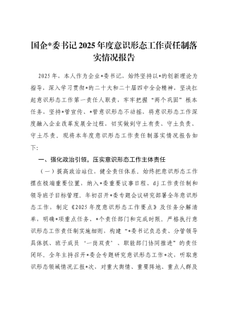 国企书记2025年度意识形态工作责任制落实情况报告