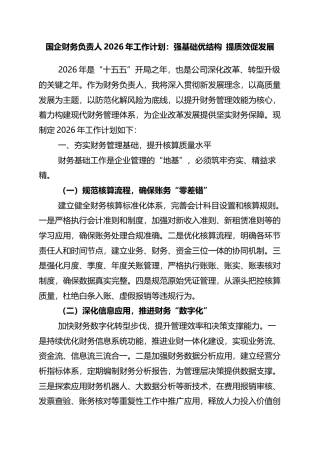 国企财务负责人2026年工作计划：强基础优结构+提质效促发展