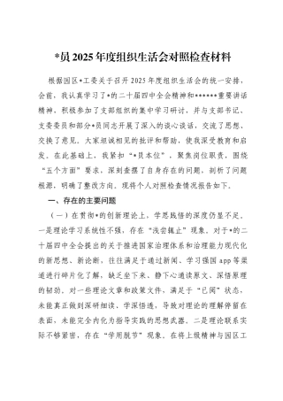 2025年度组织生活会对照检查材料（五个对照）