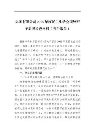 集团有限公司2025年度民主生活会领导班子对照检查材料（五个带头）