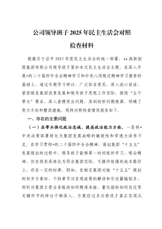 公司领导班子2025年民主生活会对照检查材料(五个带头)