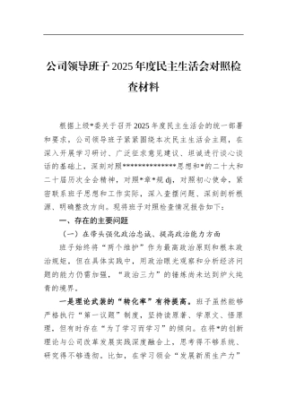 公司领导班子2025年度民主生活会对照检查材料