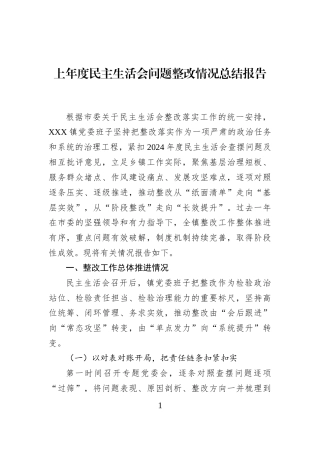 上年度民主生活会问题整改情况总结报告