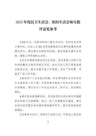 2025年度民主生活会、组织生活会相互批评意见参考